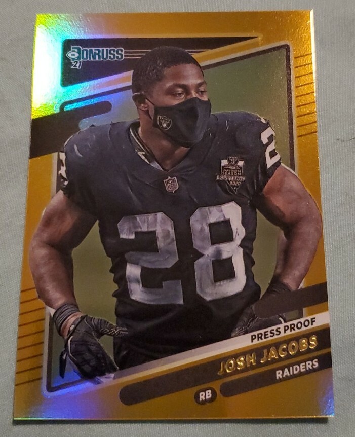 2021 DONRUSS PREMIUM STOCK HOLO JOSH JACOBS GOLD PRESS PROOF VARIATION