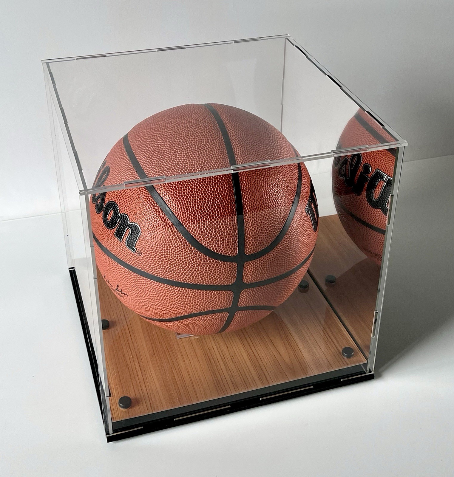 Full Size Basketball Display Case w/ Acrylic Wood Court Base & Mirror Back