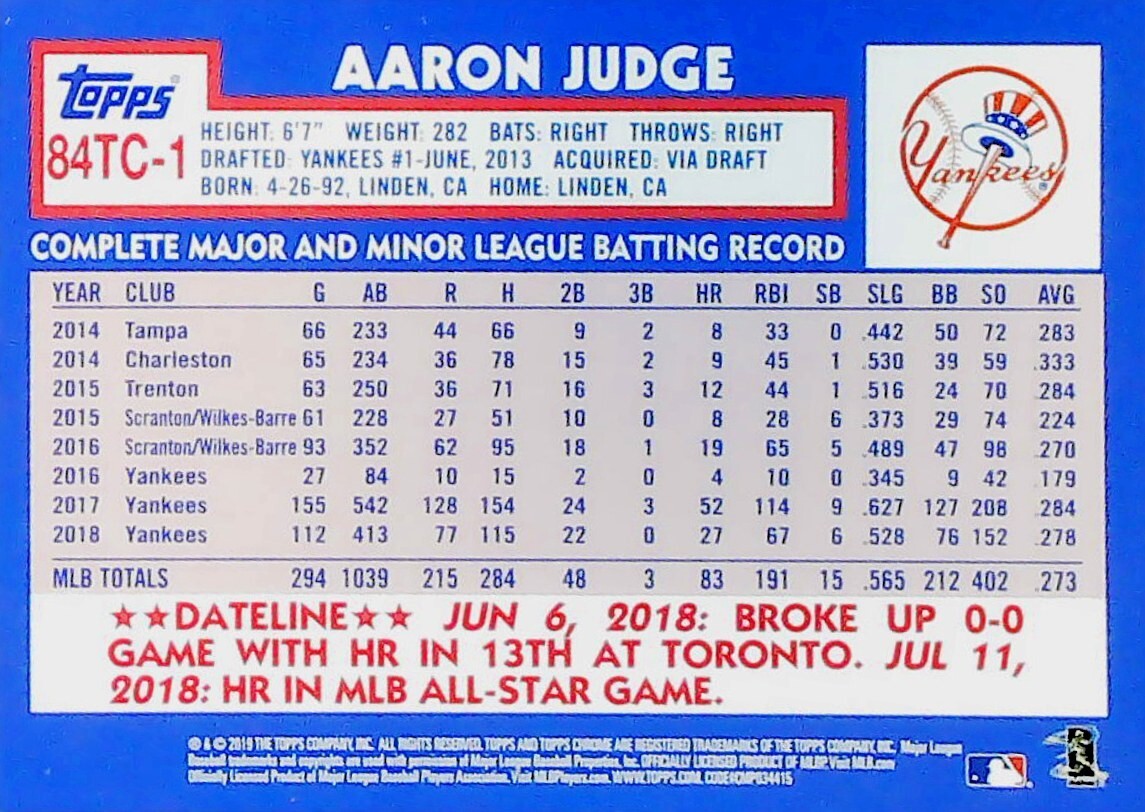 2019 Topps Chrome Refractor 35th Anniversary 1984 Card # 84TC-1 AARON JUDGE