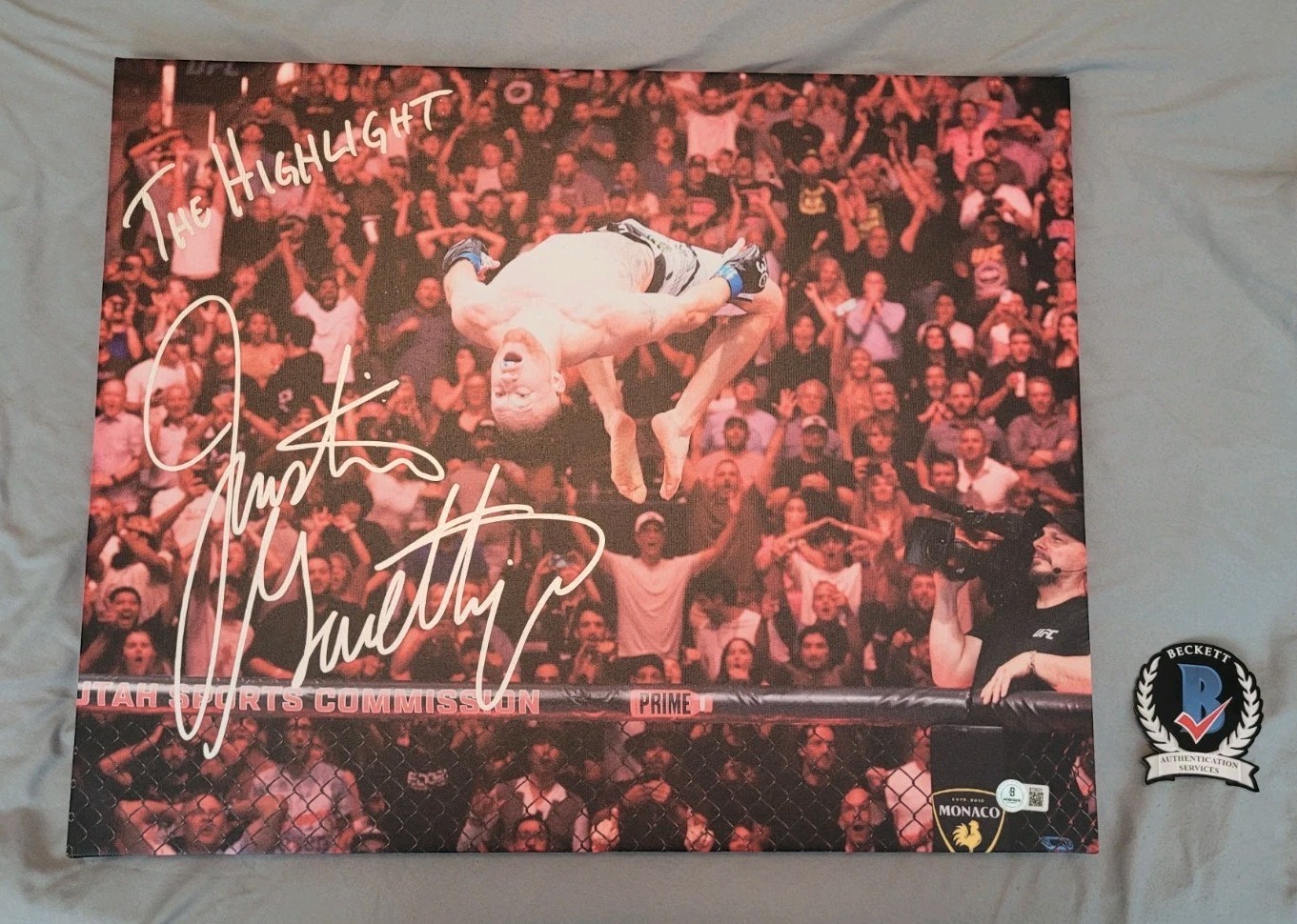 Justin Gaethje signed autographed 16×20 UFC stretched canvas Beckett BAS COA MMA