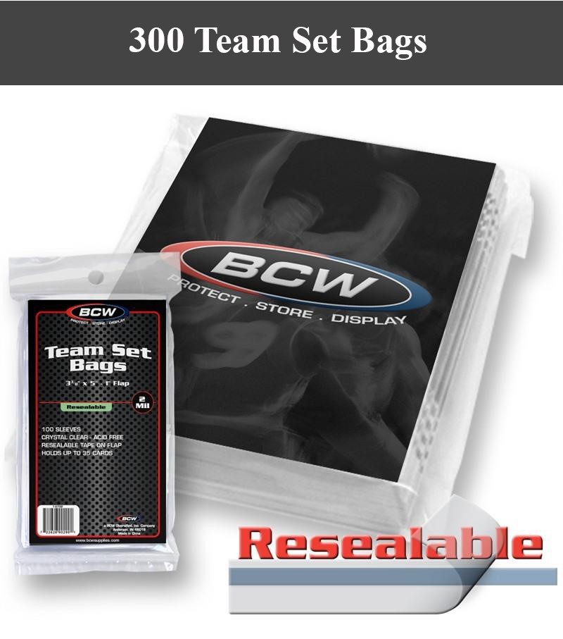 300 Team Set Poly Bags Resealable Card Sleeve Holder Archival Adhesive Strip BCW