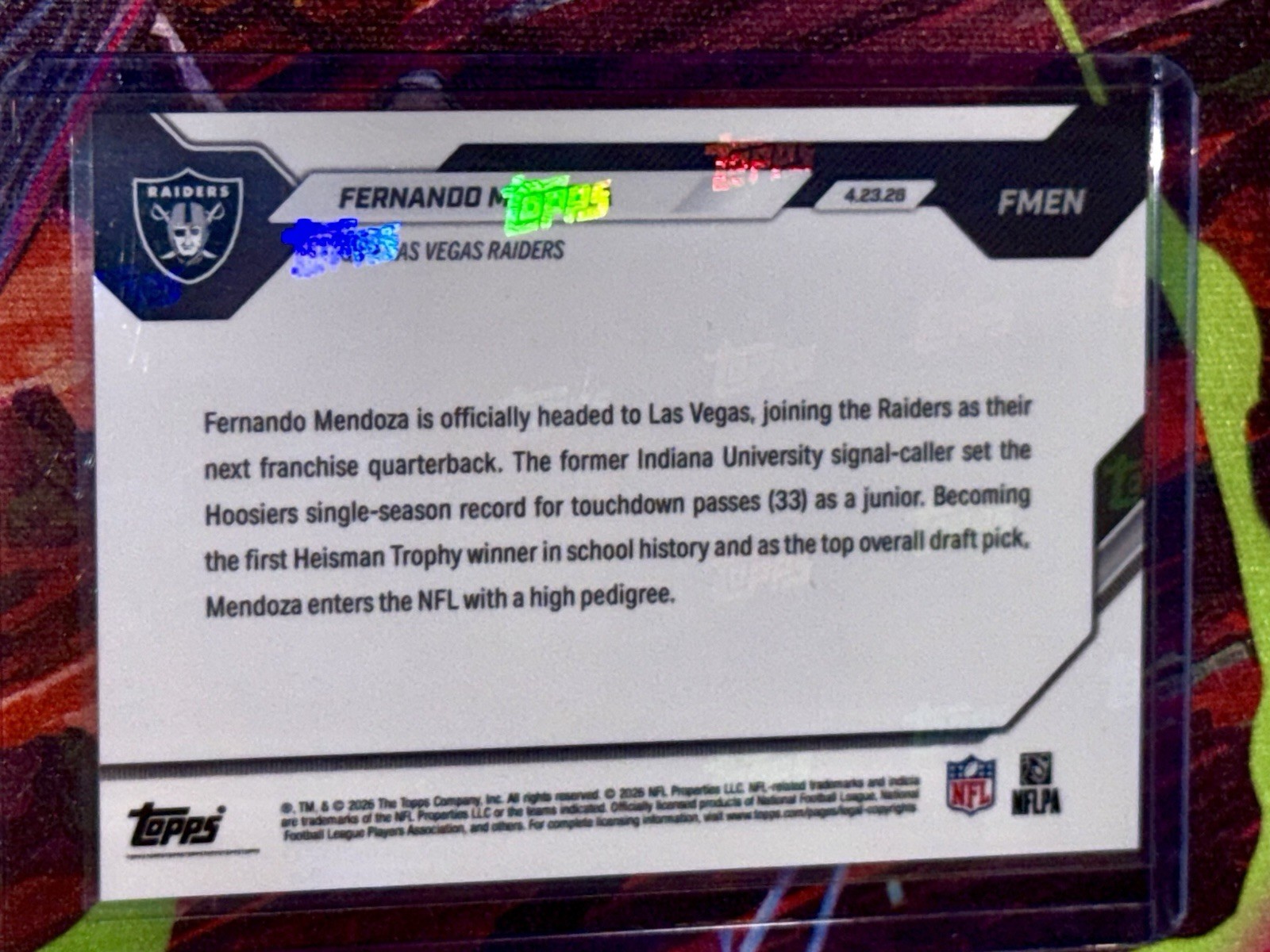 🏈 Fernando Mendoza Rookie Draft Night #FMEN Las Vegas Raiders NM 2026 Topps Now