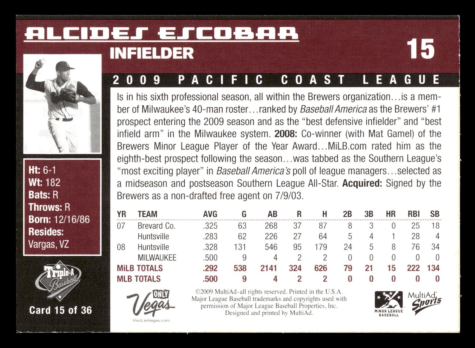 2009 MultiAd Pacific Coast League Top Prospects PCL AAA #15 Alcides Escobar