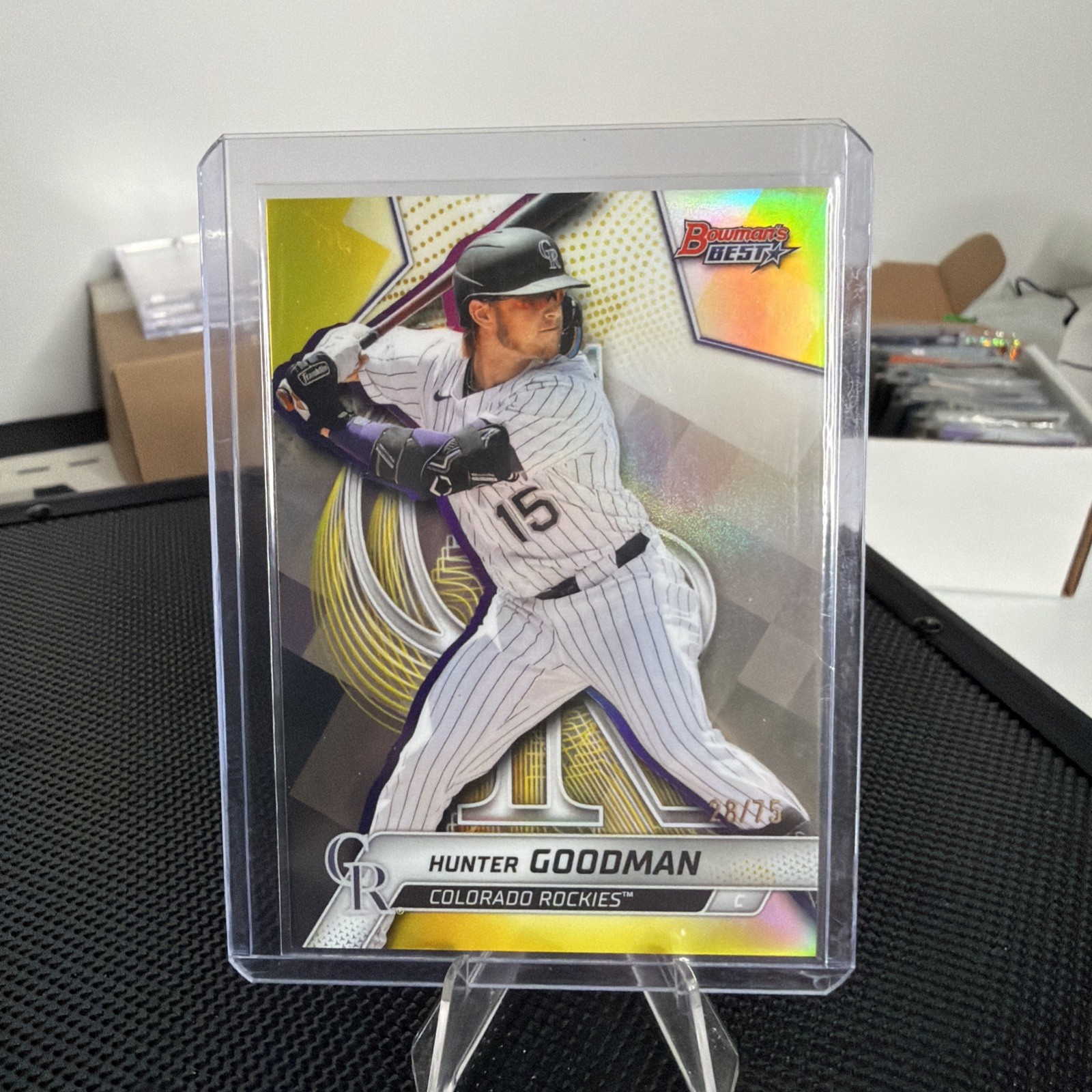 2025 Bowmans Best Hunter Goodman Colorado Rockies Yellow Refractor 29/75