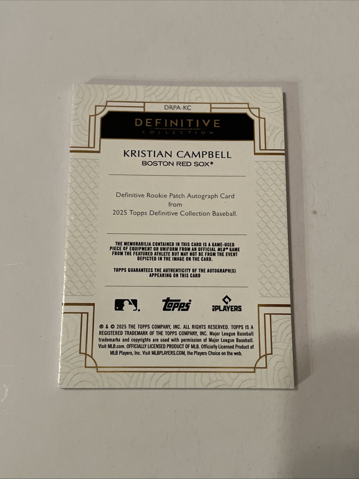 Kristian Campbell 2025 Topps Definitive Rookie Patch Auto DRPA-KC Red Sox 1/1