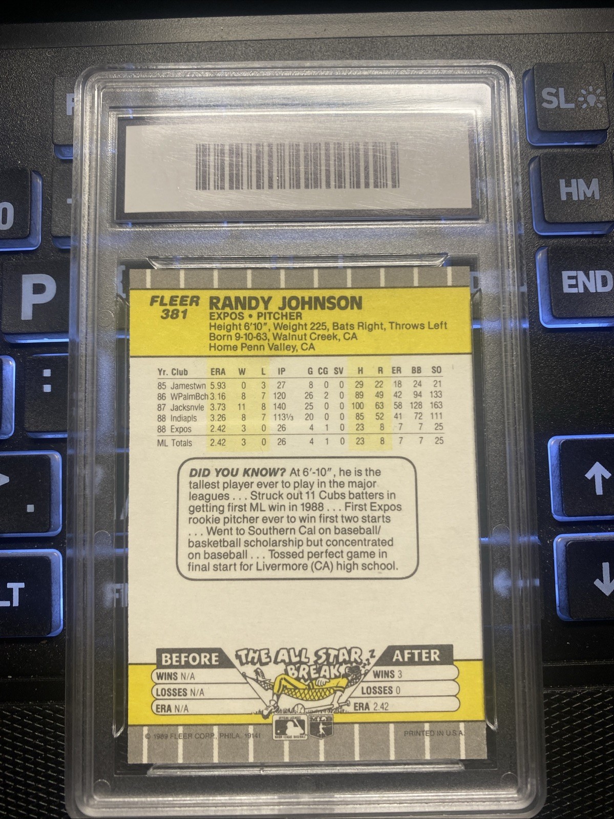 RANDY JOHNSON RC 1989 FLEER #381 AD COMPLETELY BLACKED OUT EXPOS HOF PGA Gem 10