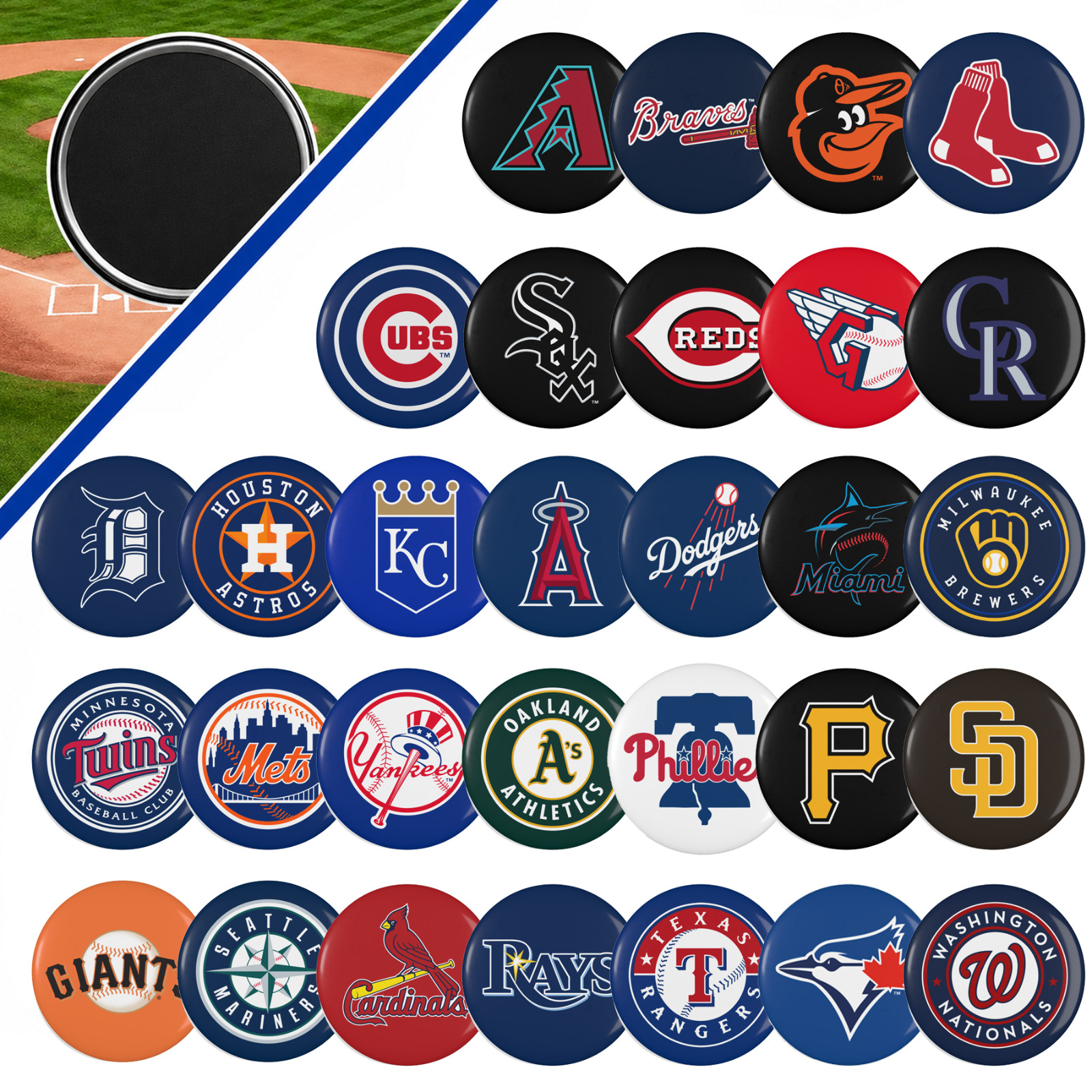 MLB Team Magnets 2.25″ Full Set All 30 Teams Fridge Standings Fan Man Cave Decor