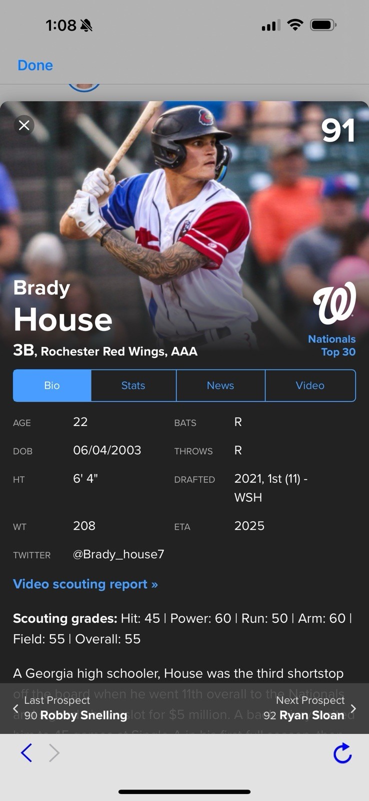 Brady House SIGNED 2023 Topps Pro Debut #PD-68 Washington Nationals Debut!