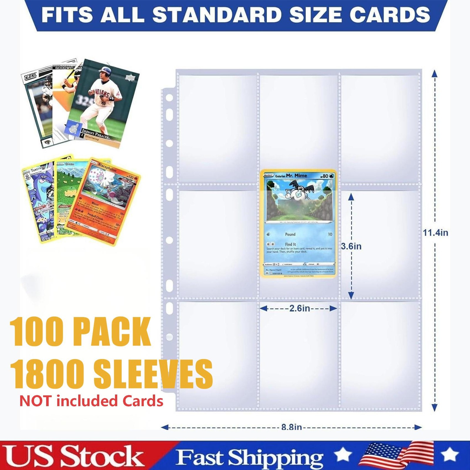 1800 Pockets Card Sleeves Binder Sheets, Double-Sided Trading Card Pages Sleeves