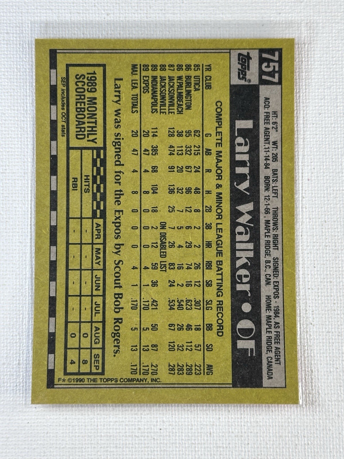 1990 Topps ~ Larry Walker ~ Rookie ~ 757 ~ Expos