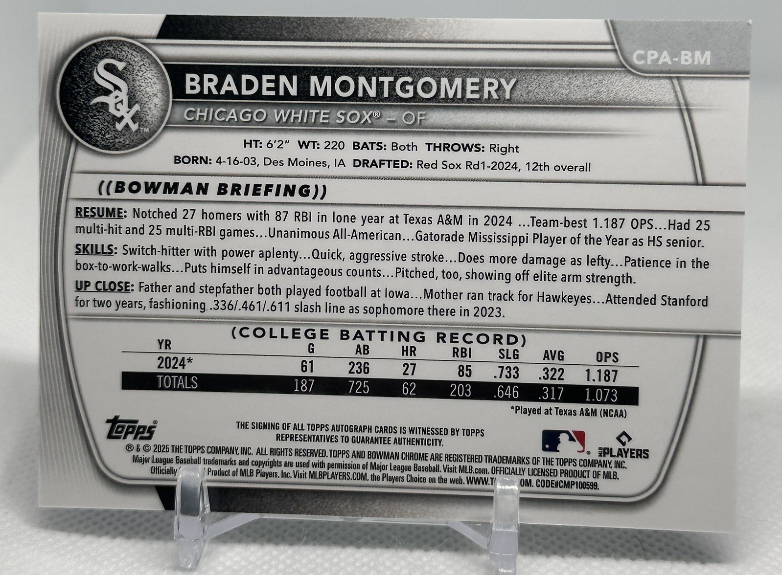 *Read* 2025 Bowman Chrome Braden Montgomery Auto Purple /250 #CPA-BM White Sox