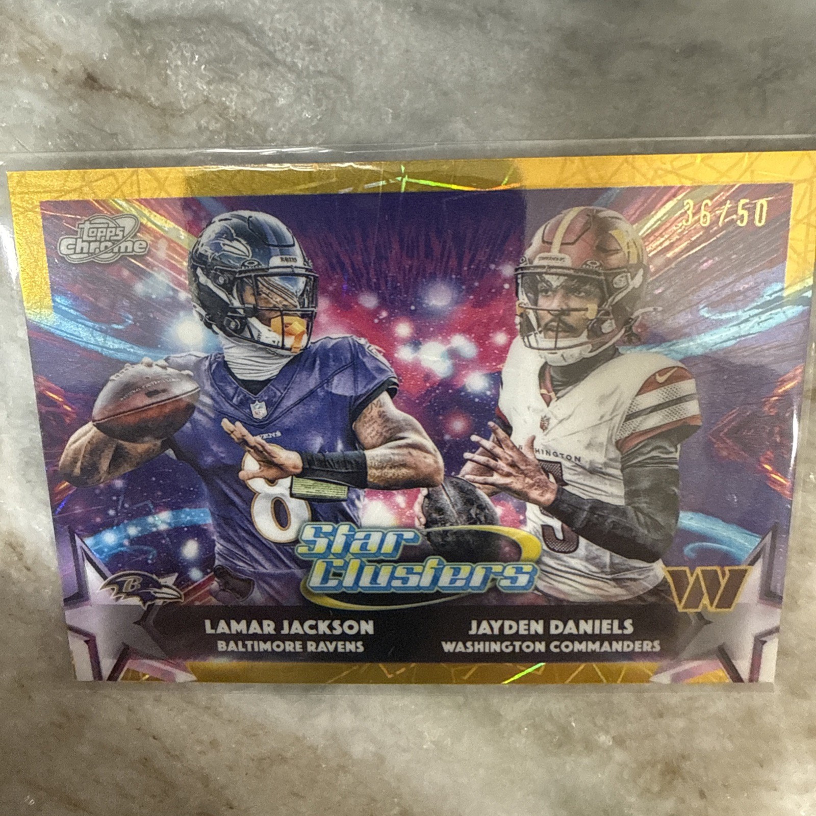 2025 Topps Cosmic Chrome Star Clusters Lamar Jackson Jayden Daniels Gold /50