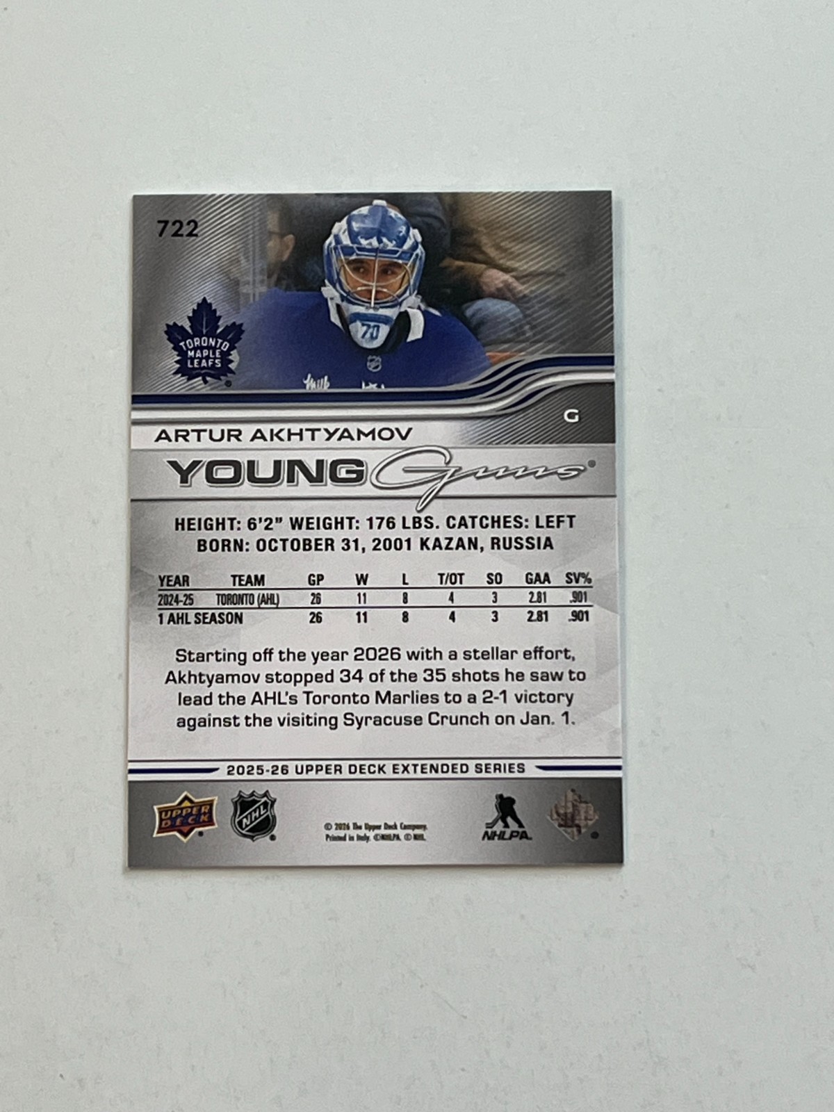2025-26 UPPER DECK YOUNG GUNS #722 ARTHUR AKHTYAMOV – TORONTO MAPLE LEAFS