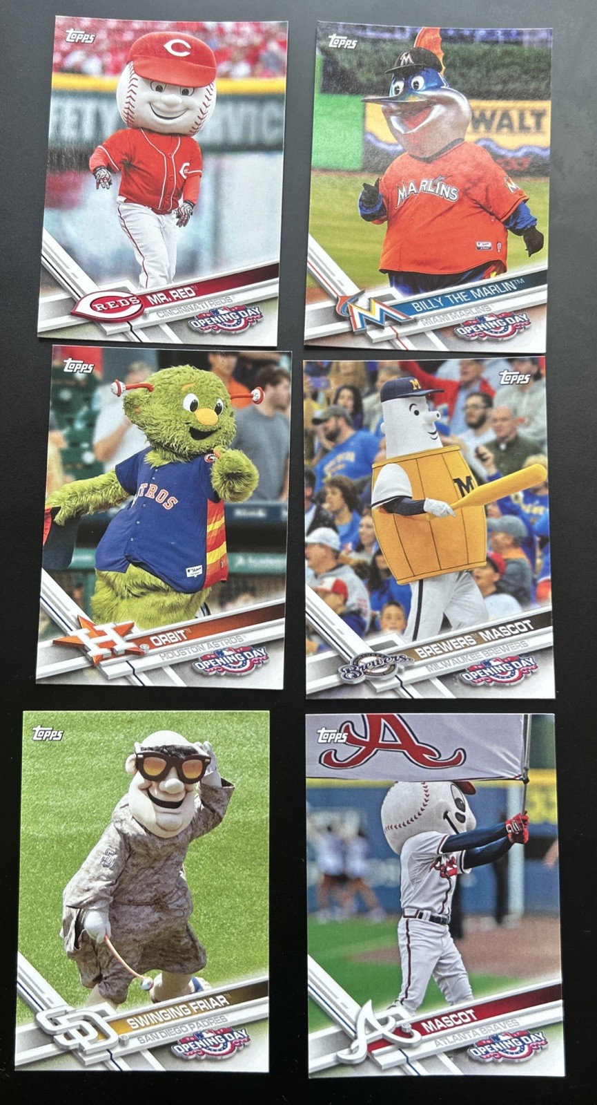 MLB Mascot Lot (6) 2017 Topps Opening Day Baseball – Reds Braves Marlins Astros