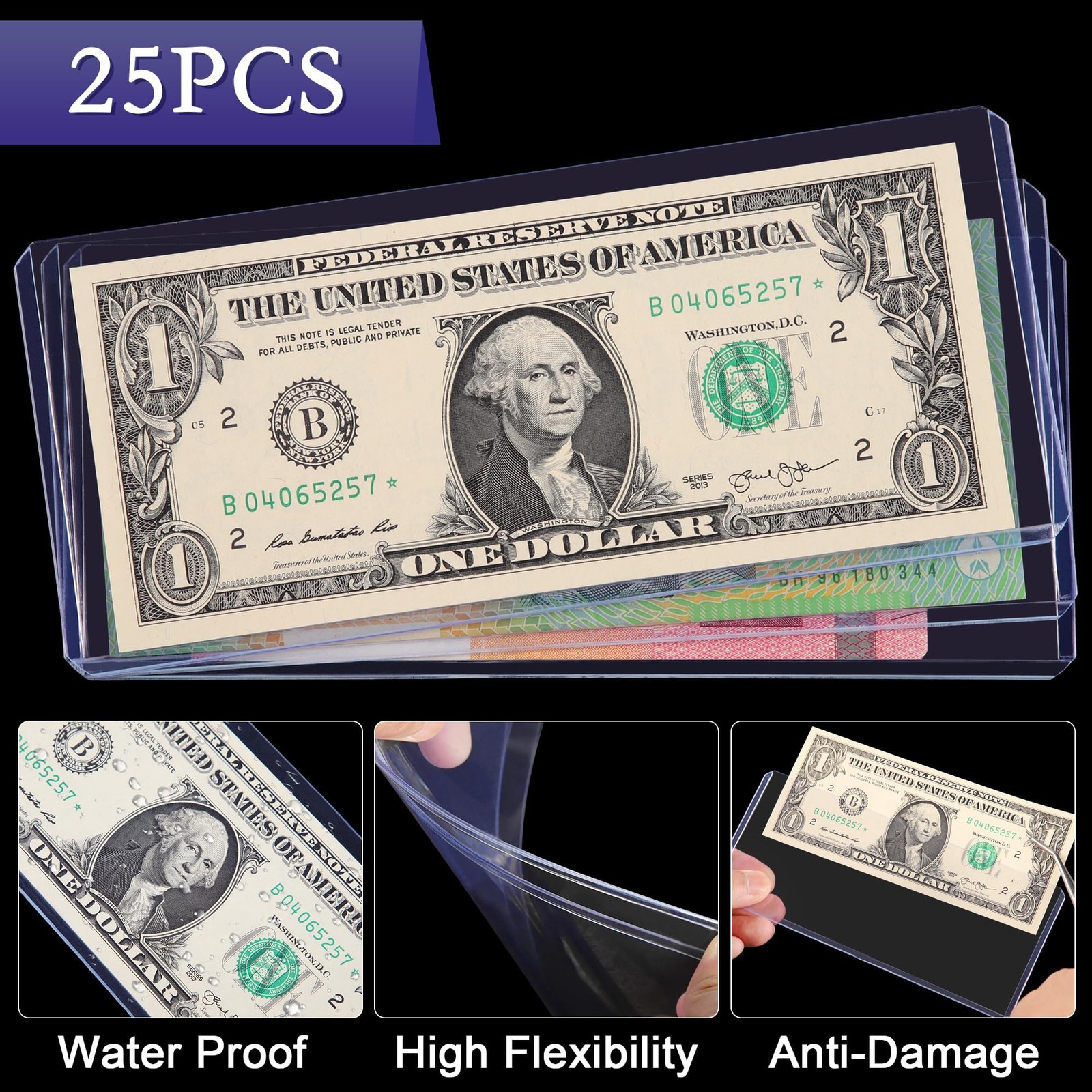 25PCS Blue Clear Banknote Holders – 25 Pcs [6.6″x2.8″], Transparent