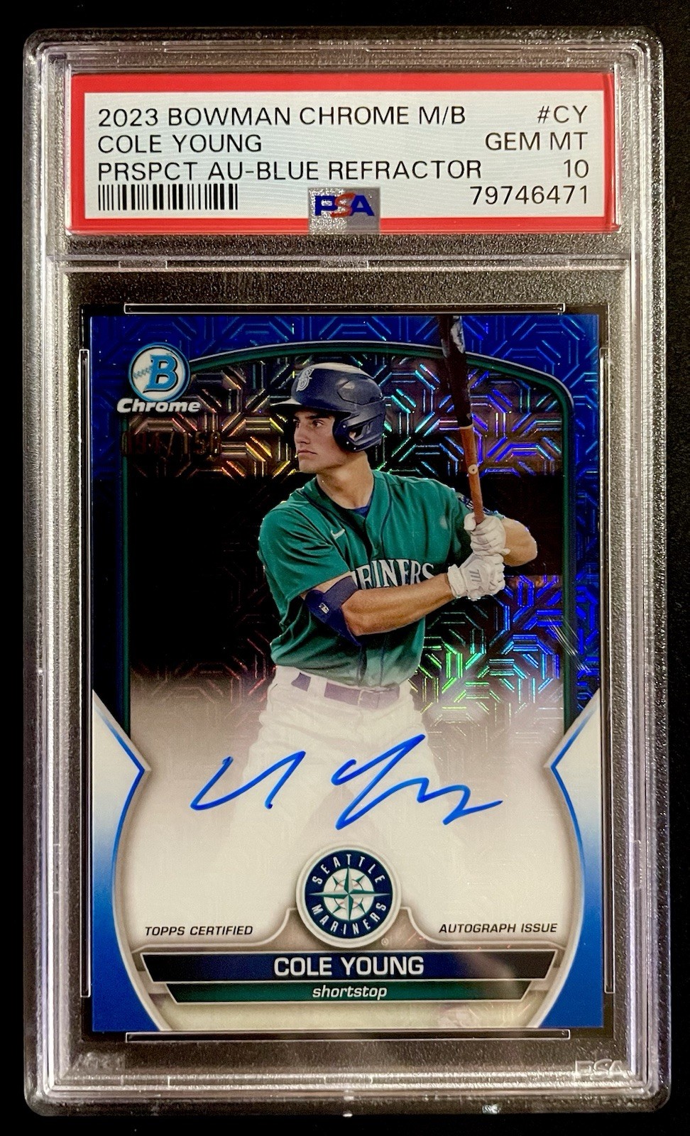 Cole Young 2023 Bowman Chrome Mega Box Blue Refractor Auto /150 PSA 10 #BMA-CY