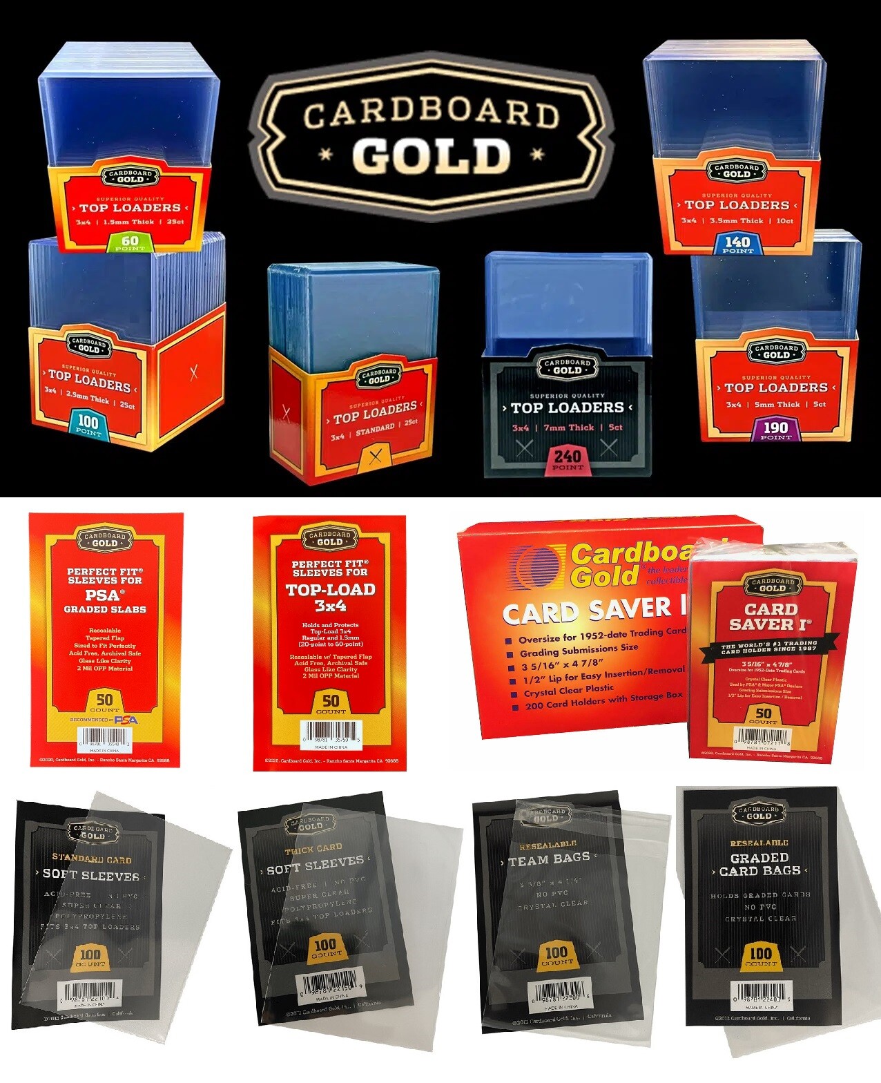 CARDBOARD GOLD TOP LOADERS SOFT SLEEVES BAGS 20pt 60pt 140pt 190pt 240pt U-PICK
