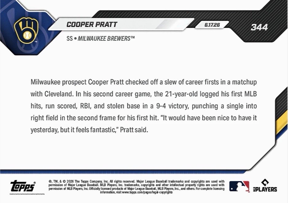 💥2026 Topps Now #344💥COOPER PRATT 1st Hit RBI SB – Brewers – Presale