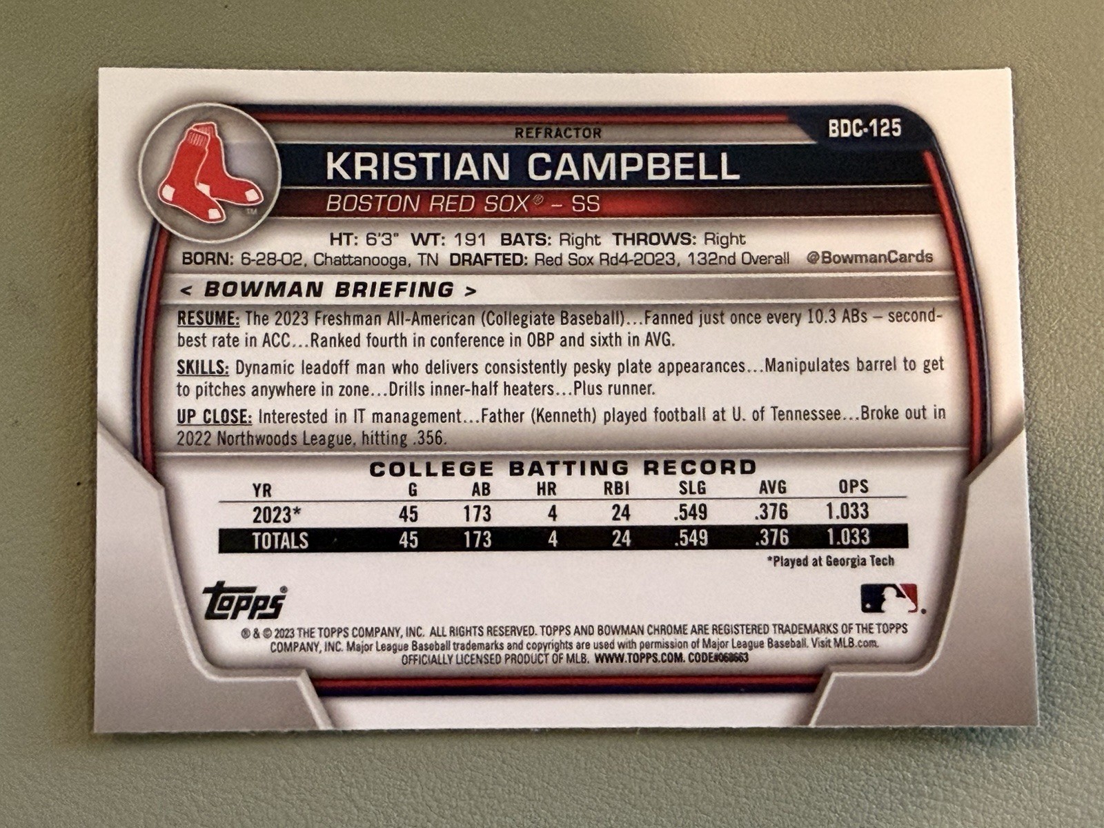 Kristian Campbell 1st Refractor 2023 Bowman Draft Chrome #BDC-125 Red Sox 🔥