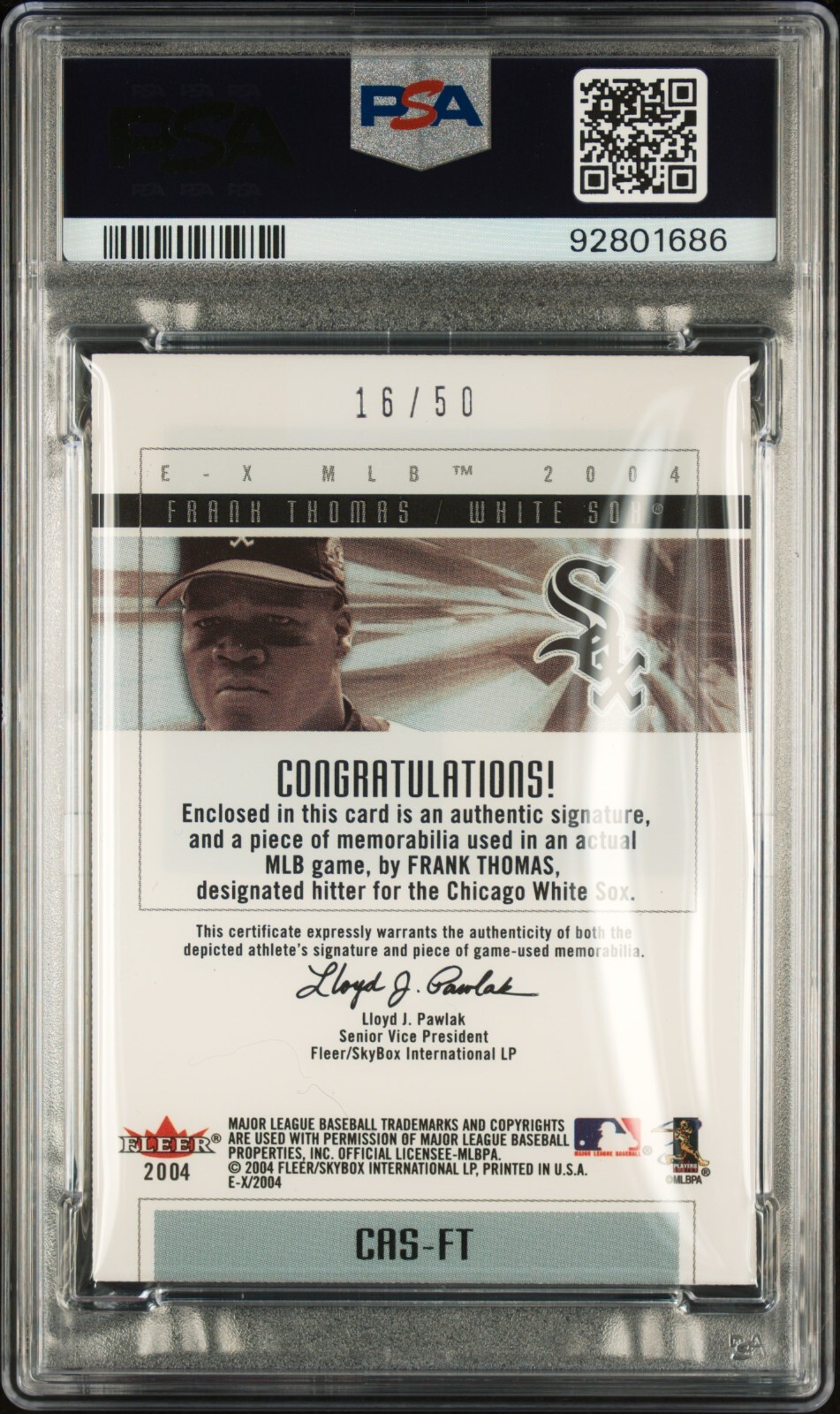 PSA 8 2004 E-X Clearly Authentics Signature Black Jersey Frank Thomas 16/50 Pop1