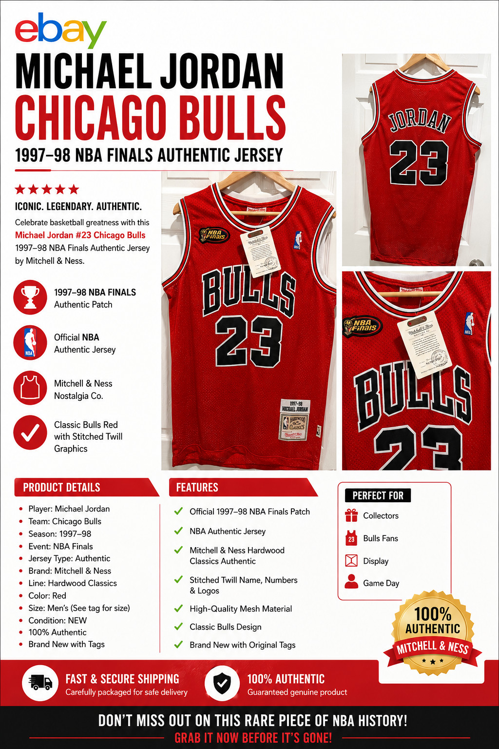 Mitchell & Ness 🔥 Michael Jordan 🔥#23 Bulls 1997-98 NBA FINALS Jersey Men’s