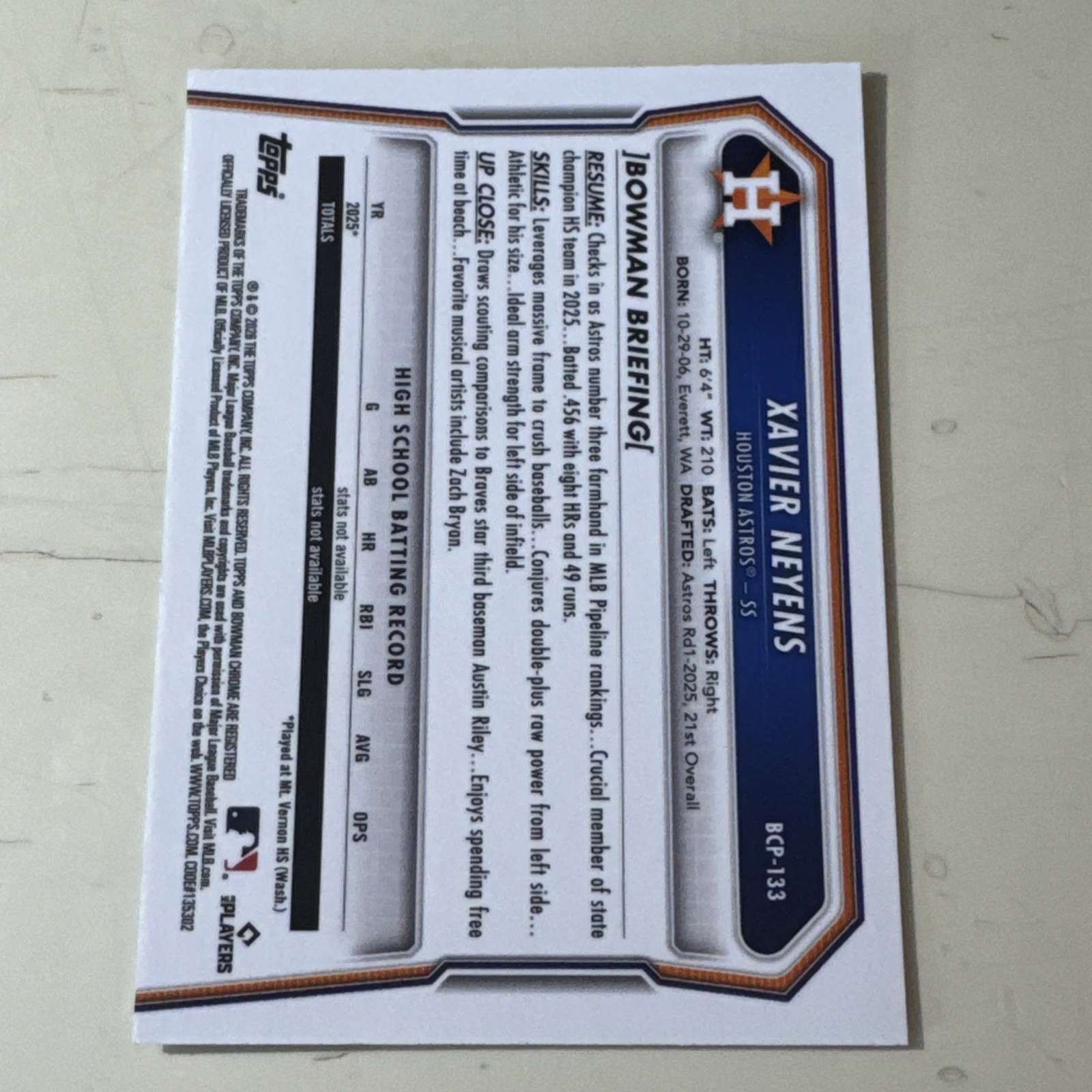 2025 Bowman Draft – #BDC-2 Xavier Neyens (1st) Prospects Laser Refractor