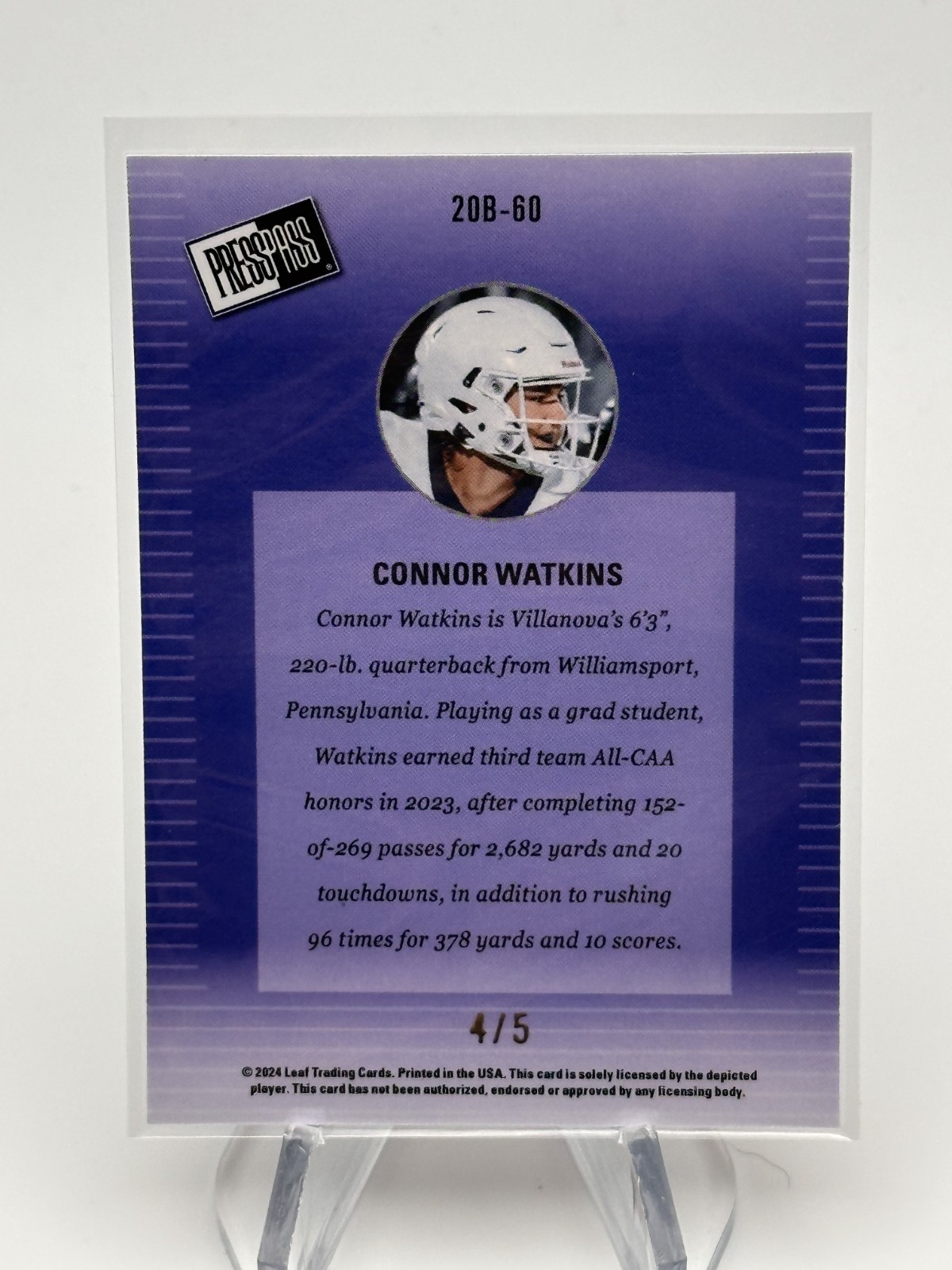 CONNOR WATKINS 2024 LEAF PRESS PASS RED SHIMMER NON AUTO /5 VILLANOVA