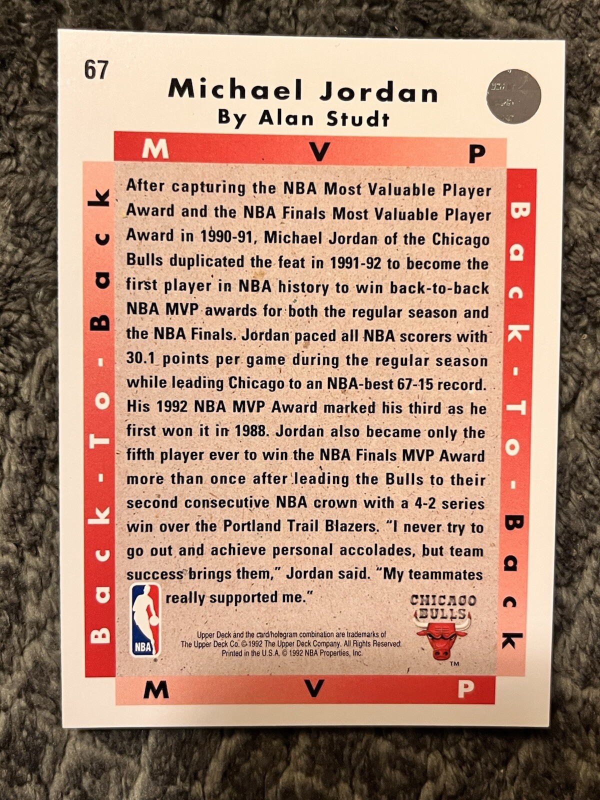 1992-93 Upper Deck – #67 Michael Jordan MVP REGULAR SEASON & FINALS