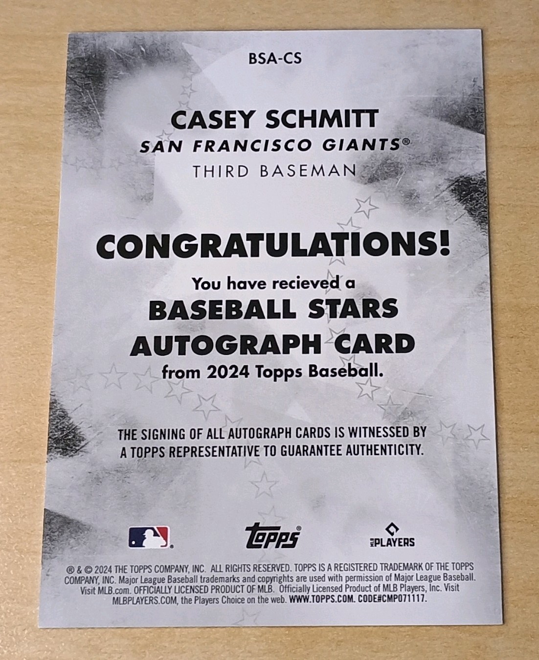 2024 Topps Series 1 Casey Schmitt Baseball Stars Auto #BSA-CS Giants