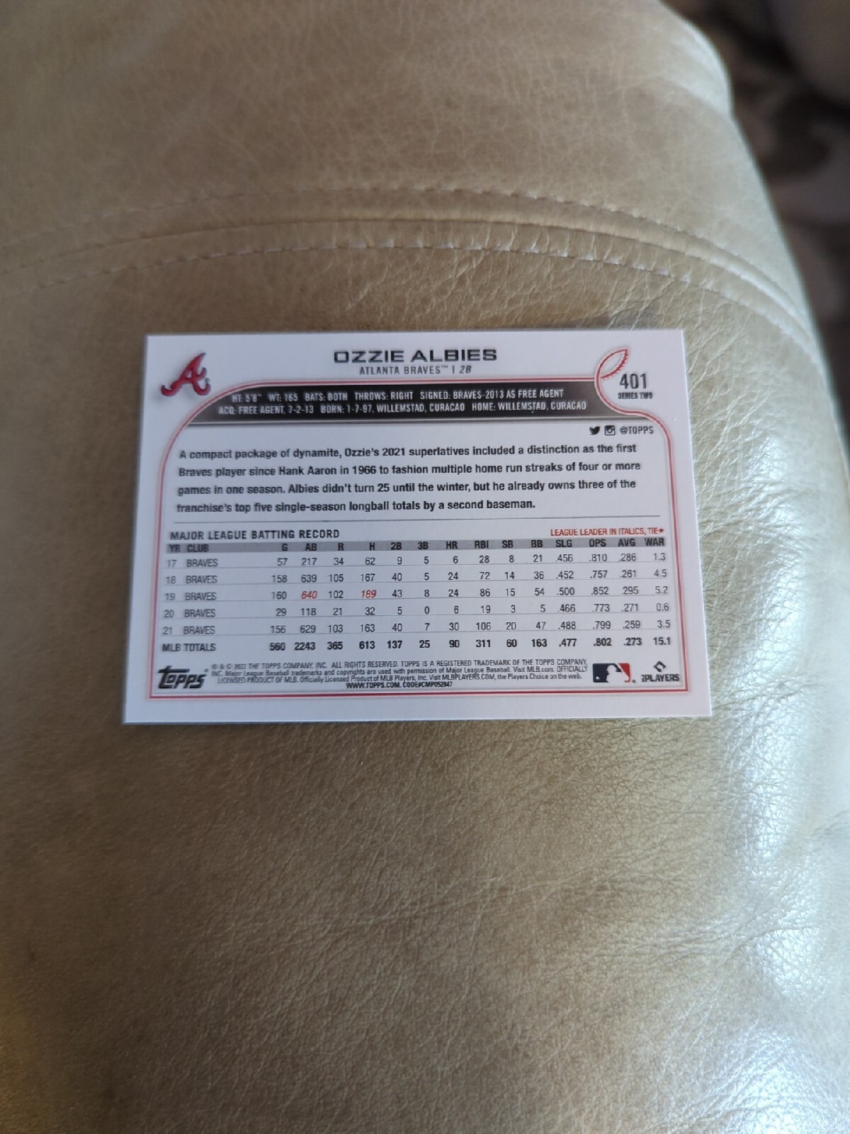 Ozzie Albies 2022 Topps Series Two Baseball # 401 Atlanta Braves Base