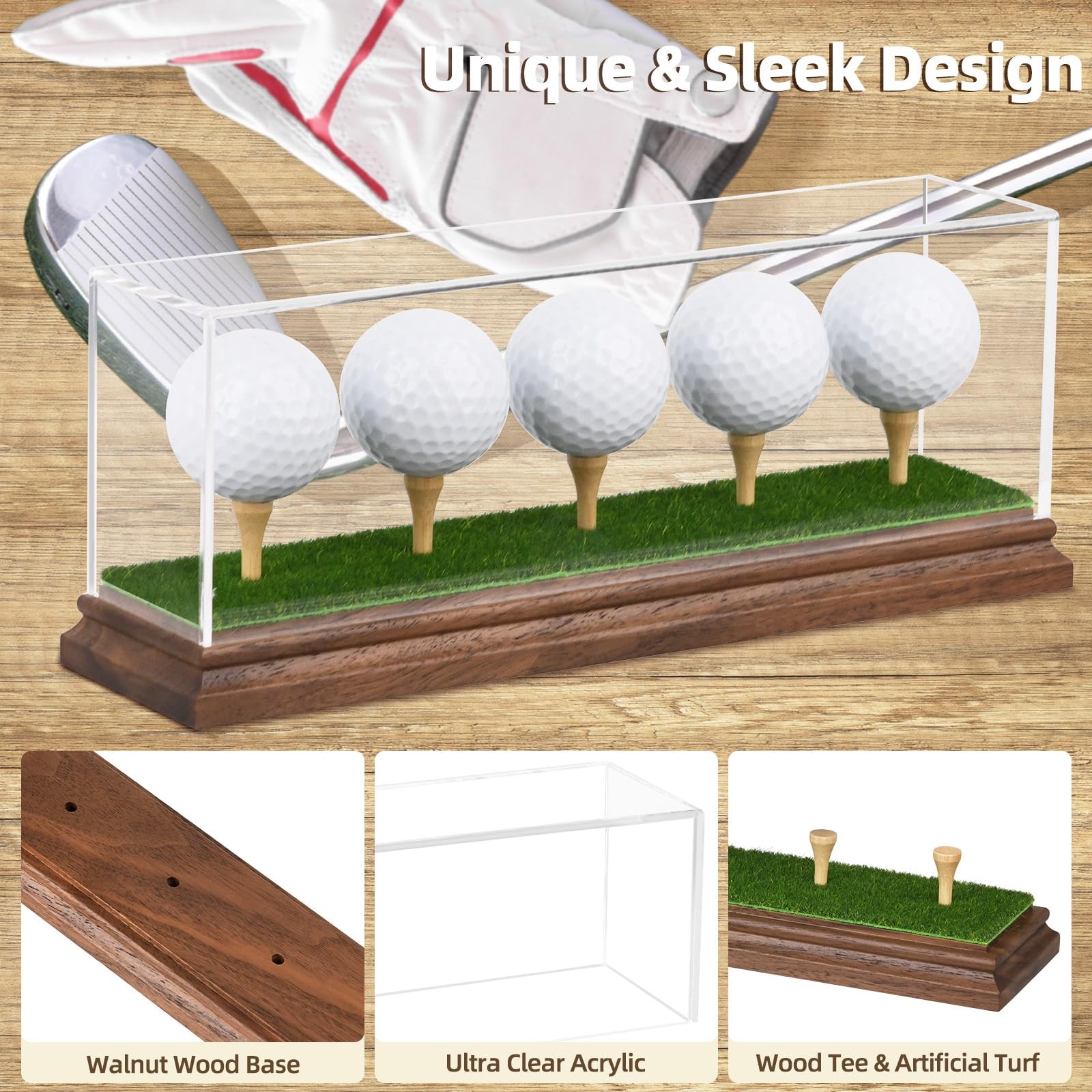 Acrylic 5 Golf Ball Display Case Walnut Wood Base UV Protection Stand Holder