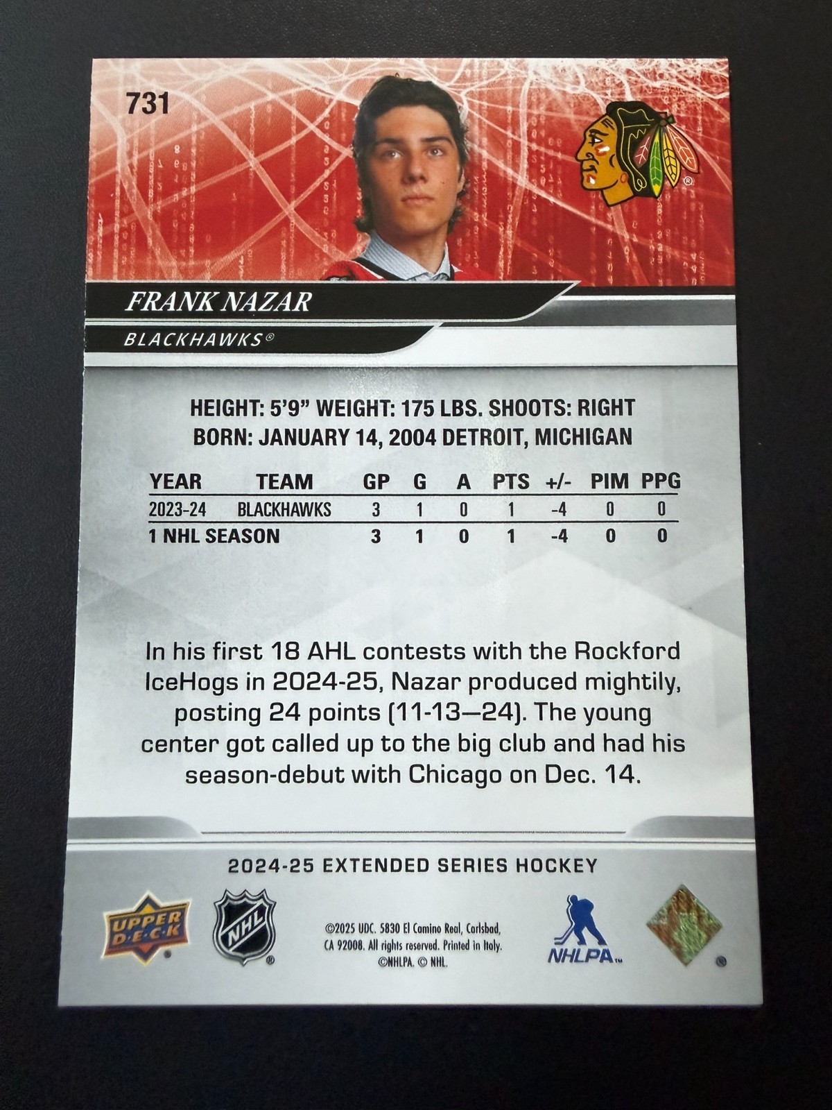 2024-25 Upper Deck Extended Series – 1st Round Rookies Frank Nazar #731 (RC)