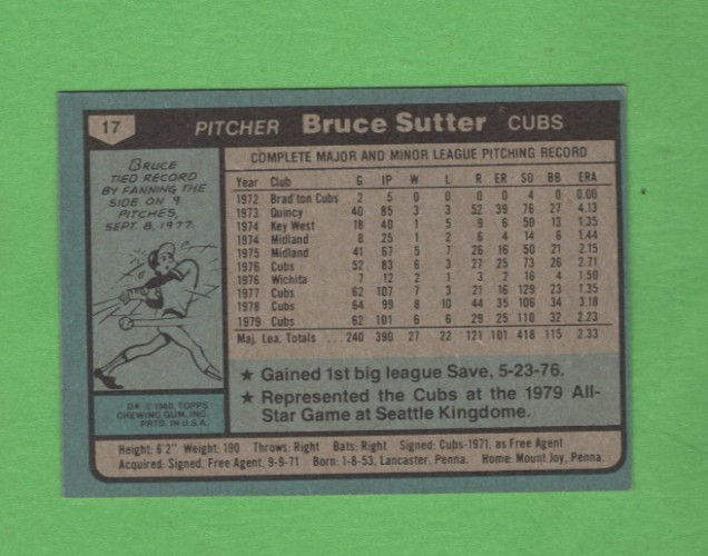 1980 TOPPS Baseball BRUCE SUTTER #17 HOF Chicago CUBS NM/MT Condition