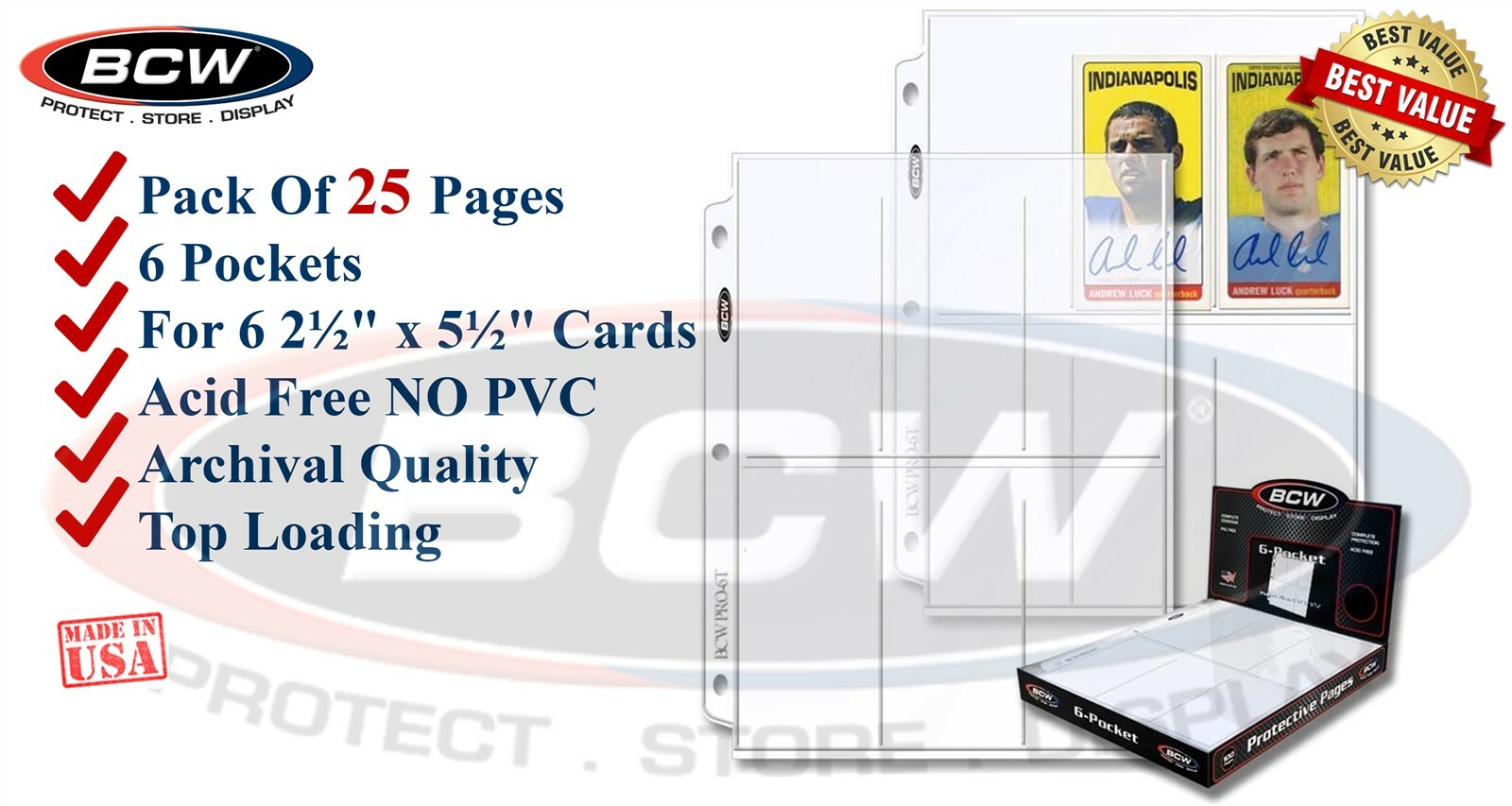 25 BCW 6 Pockets Pages for Trading Cards Tall Sport For 3 Rings Binder PVC Free