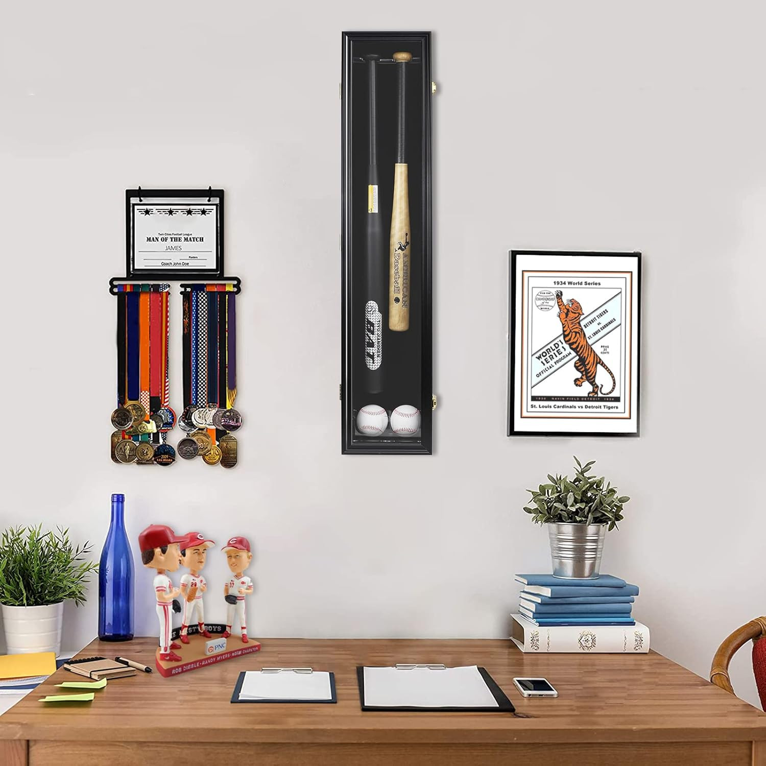 2 Baseball Bat Display Case Wooden Frame with Acrylic Transparent Door Holder Ra