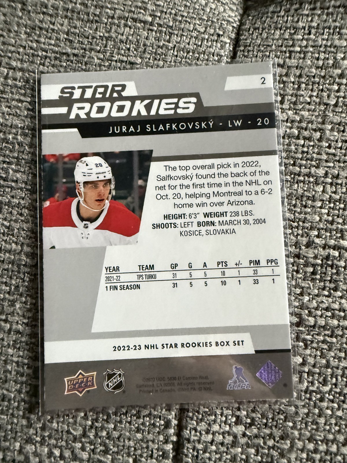 2022-23 Upper Deck NHL Star Rookies Box Set #2 Juraj Slafkovsky