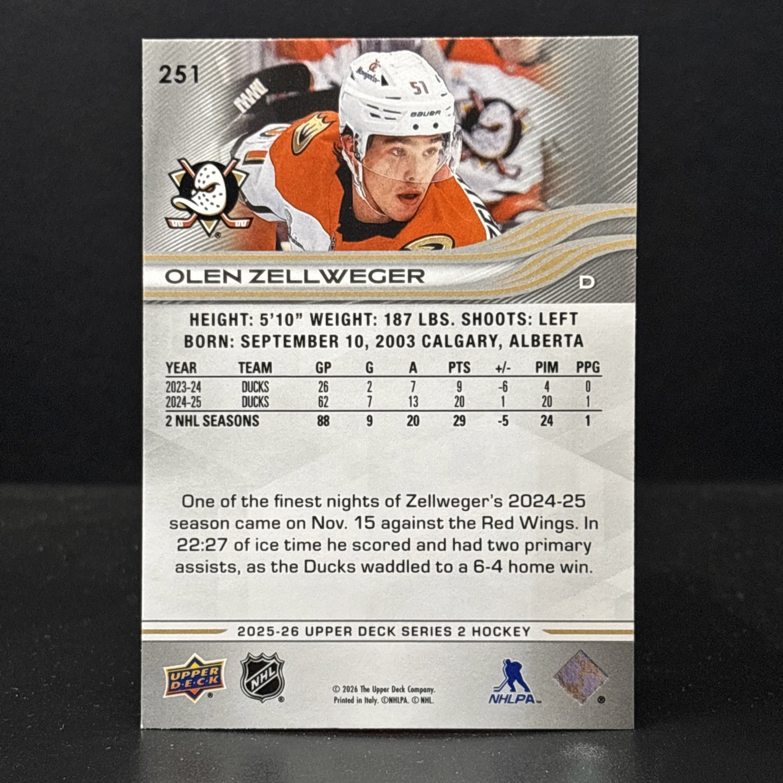 2025-26 Upper Deck Series 2 Base #251 Olen Zellweger – Anaheim Ducks