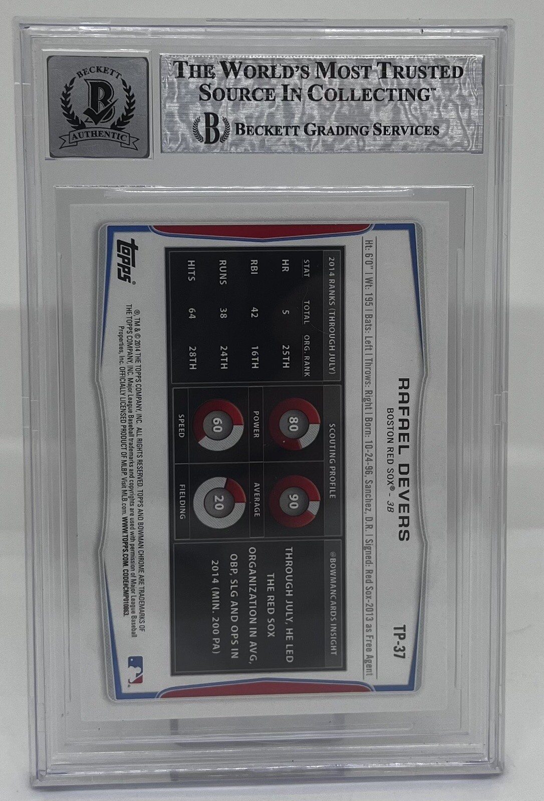 RAFAEL DEVERS SIGNED 2013 BOWMAN DRAFT BASEBALL CARD BECKETT BAS 10 AUTO