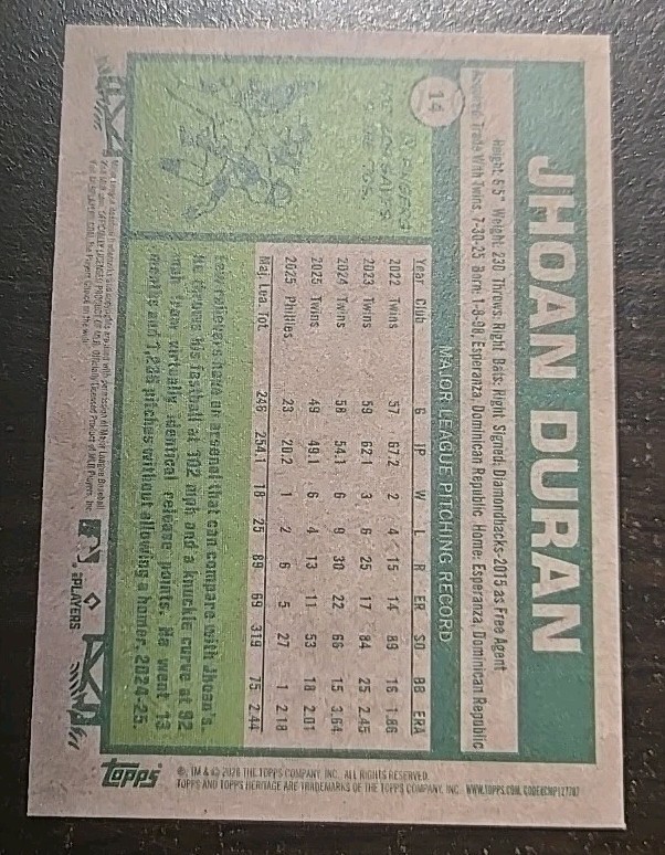 2026 Topps Heritage Yellow Border SP #14 Jhoan Duran Phillies MLB