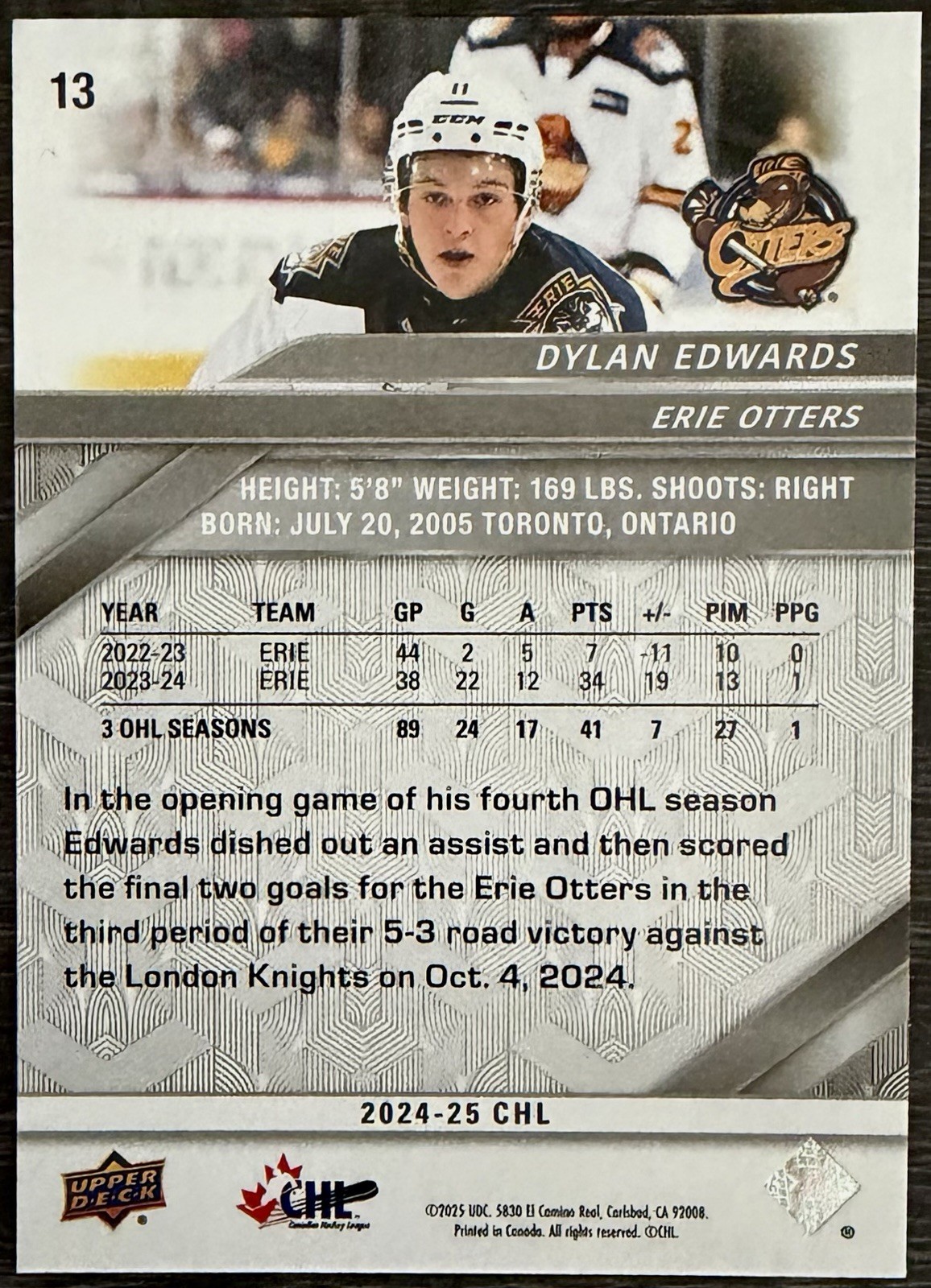 Dylan Edwards Rookie 2024-25 Upper Deck CHL #13 (RC) Quinnipiac University
