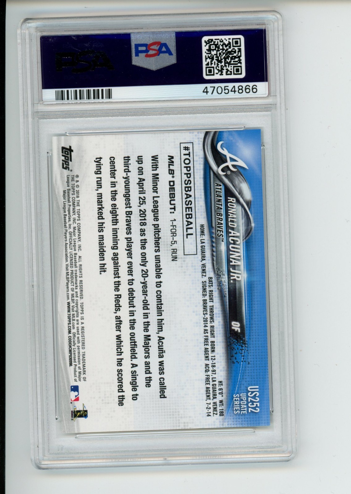 2018 Topps Update Ronald Acuna Jr #US252 Rookie RC Atlanta Brave PSA 9 (866)