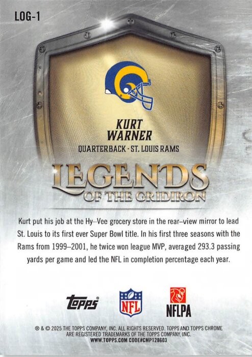 2025 Topps Chrome #LOG-1 Kurt Warner LOG Aqua Refractor #/199