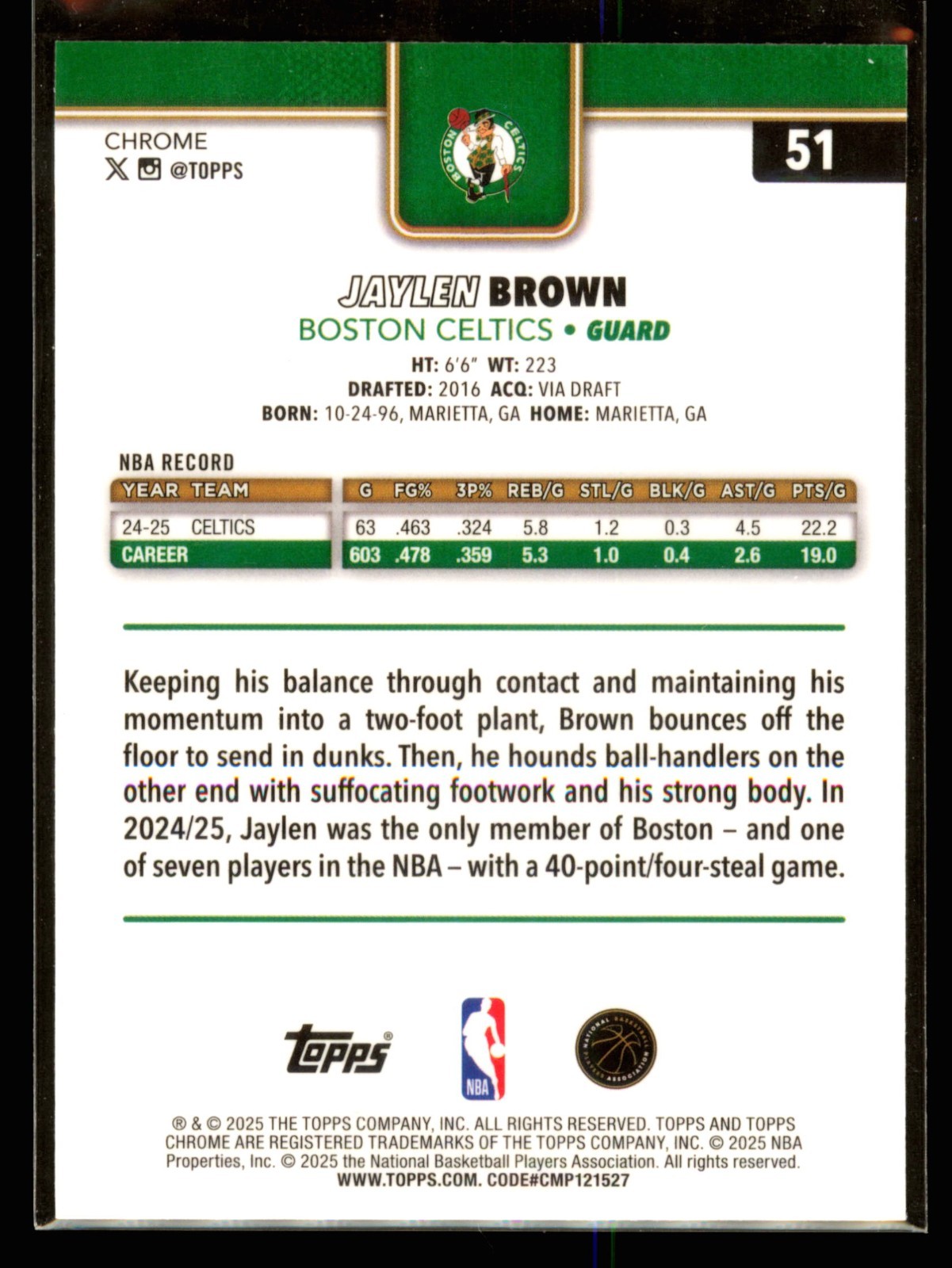 2025-26 Topps Chrome Jaylen Brown #51 Basketball Refractor – Boston Celtics
