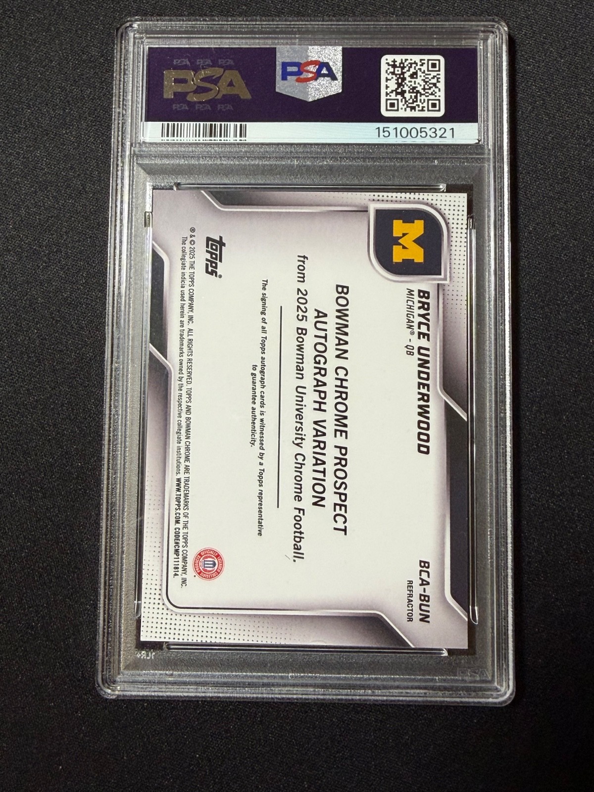 2025 Bowman Chrome U Bryce Underwood Auto 1st Refractor Auto /299 Michigan PSA 8