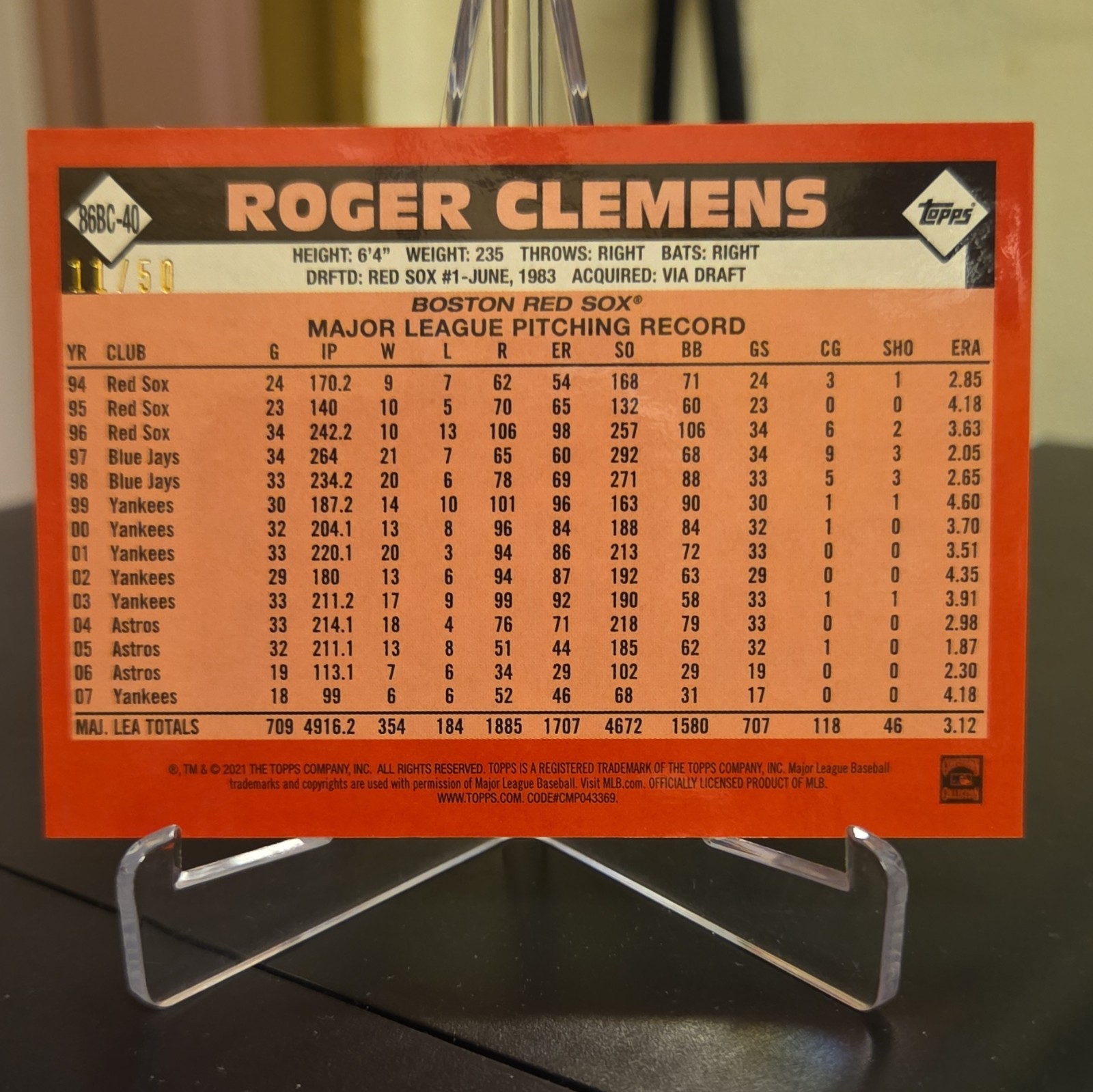 Topps 2021 Silver Pack 1986 Chrome Roger Clemens Red Sox Gold /50 #86BC-40