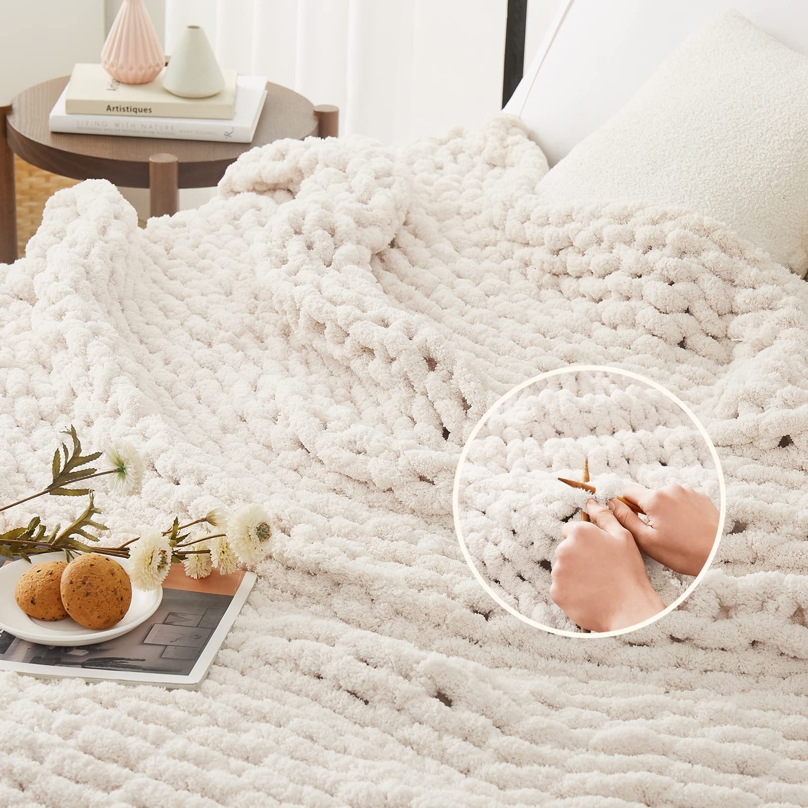 L’AGRATY Chunky Knit Blanket Throw,Soft Chenille Yarn Throw 50″x60″, Ivory