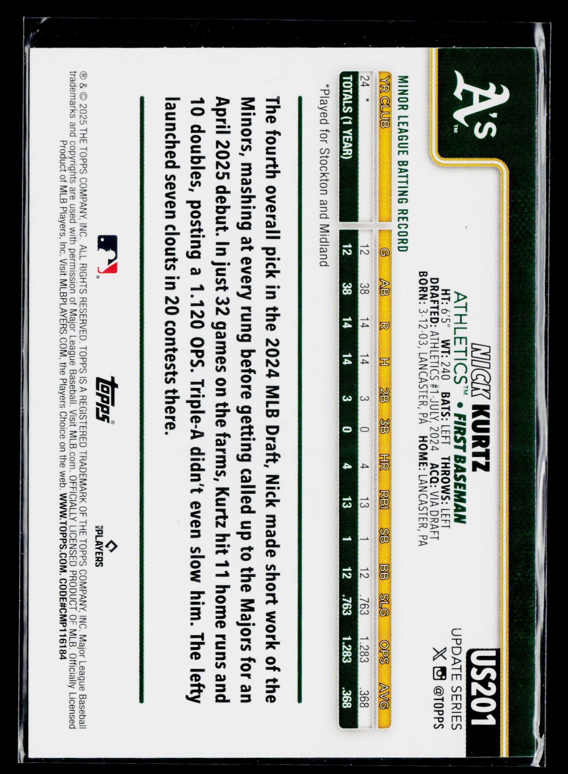 2025 Topps Update #US201 Nick Kurtz