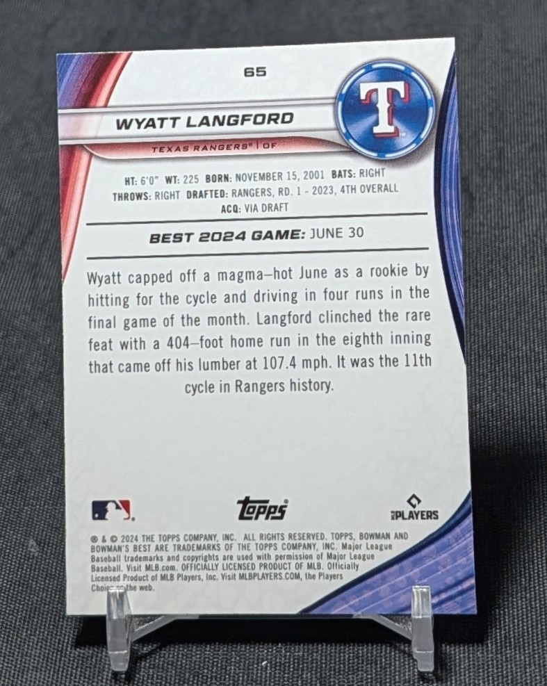 Wyatt Langford Rookie RC 2024 Bowman’s Best Chrome Card #65 Texas Rangers