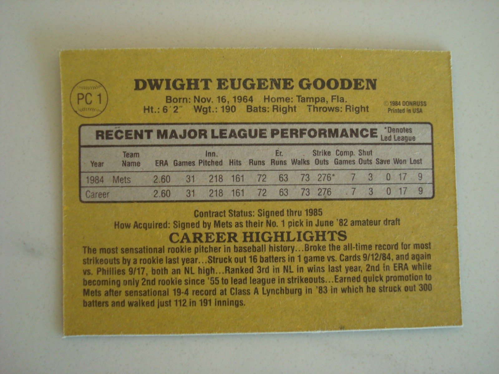 1985 Donruss Box Bottom #PC 1 Dwight Gooden New York Mets Hand Cut Star Card MLB