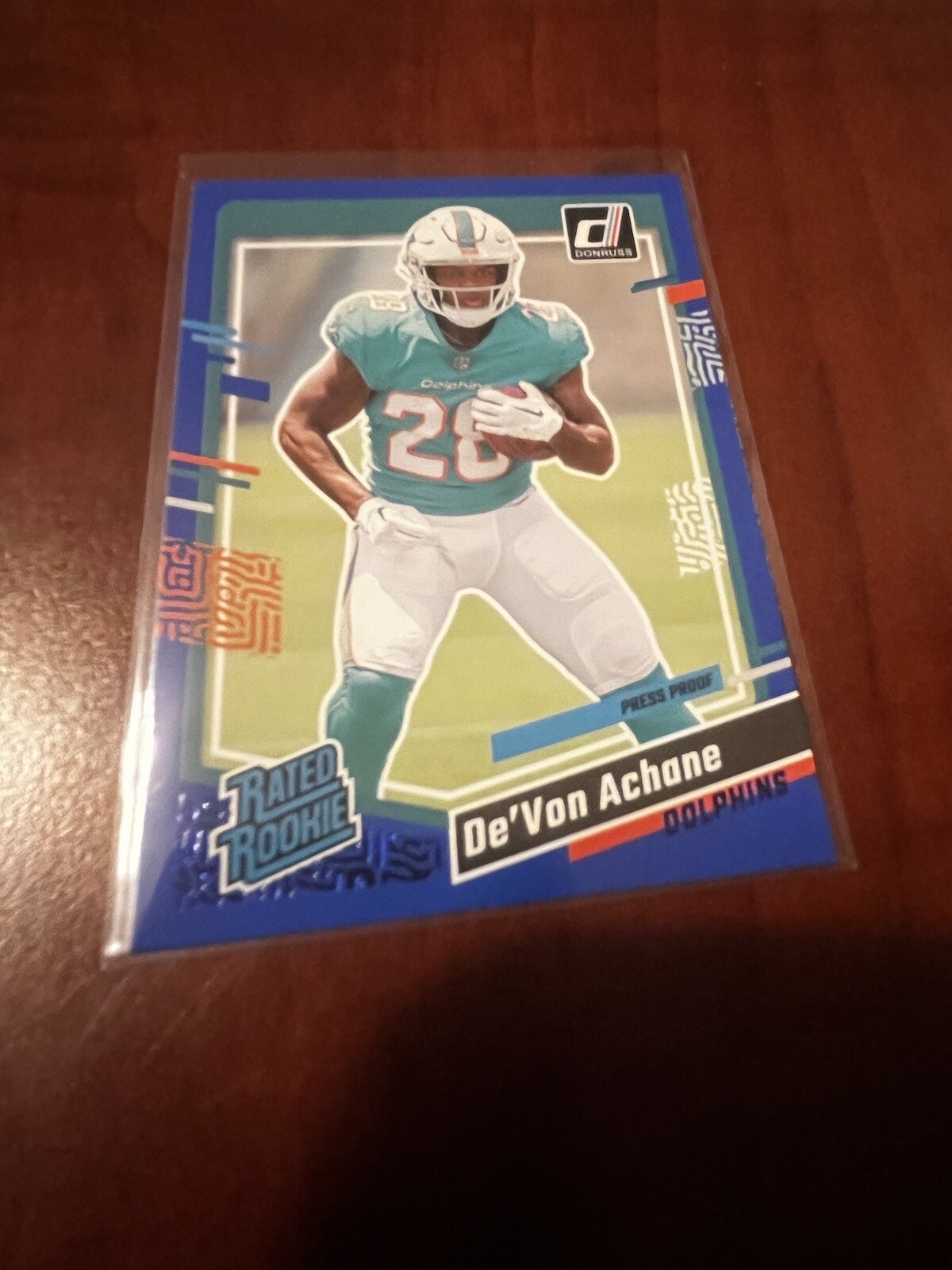 DeVon Achane 2023 Donruss Football Blue Press Proof Rated Rookie #365 Dolphins